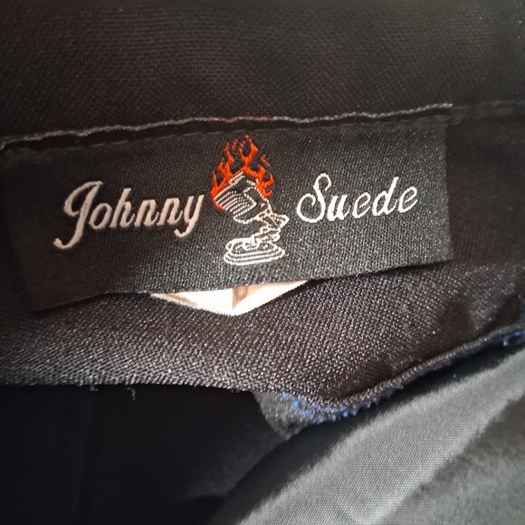 Johnny Suede Pants Men Size 30 Black Blue Stitching Flames Rockabilly Moto - Picture 3 of 15